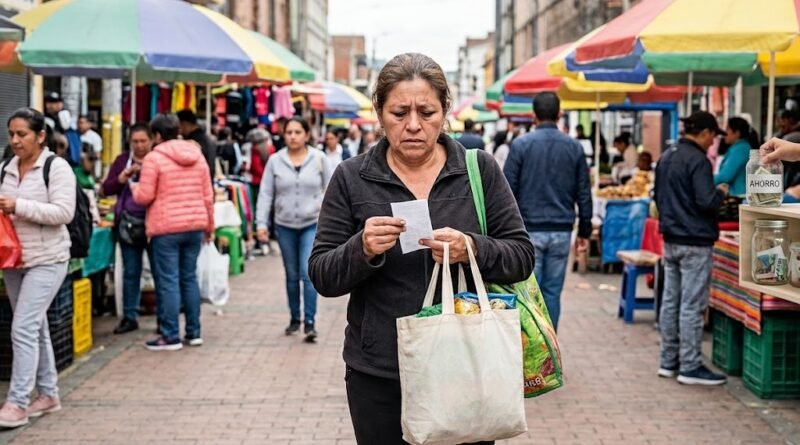 Una mujer de mediana edad con expresión de preocupación revisa un recibo en un concurrido mercado callejero. Sostiene bolsas de compras y está rodeada de vendedores, transeúntes y puestos coloridos con la palabra "AHORRO" visible.