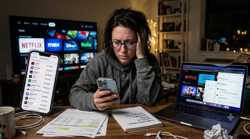 Una fotografía realista tipo documental de una mujer abrumada en un escritorio desordenado, rodeada de múltiples pantallas que muestran logos de servicios de streaming (Netflix, HBO, Disney+). Su teléfono móvil en primer plano muestra una lista detallada de suscripciones activas y cargos mensuales elevados.