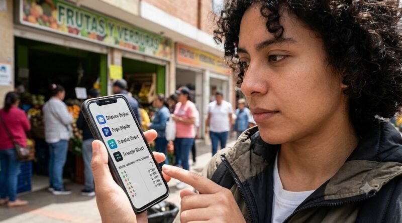 Un primer plano fotorrealista y periodístico de una joven en una calle concurrida de Cajicá, Colombia, mirando intensamente la pantalla de su teléfono. El dispositivo muestra una interfaz de comparación de aplicaciones de billetera digital con texto legible: "REVISAR: COMISIONES. LÍMITES. SEGURIDAD.", con logotipos de apps genéricos y datos de ejemplo debajo.