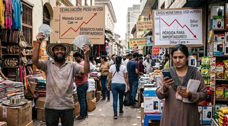 Un hombre barbudo y sonriente con sombrero y camisa marrón sostiene dinero y un letrero que dice "DEVALUACIÓN: PESO vs USD" con una gráfica de líneas ascendentes y "MONEDA LOCAL CAE BENEFICIO PARA EXPORTADORES". Una mujer a la derecha, sosteniendo un teléfono y dinero, está cerca de un letrero que dice "CRISIS MONETARIA: USD vs PESO", con una gráfica de líneas descendentes y "PÉRDIDA PARA IMPORTADORES! DÓLAR CARO". El fondo es una concurrida calle de mercado en un área urbana, con vendedores y clientes.