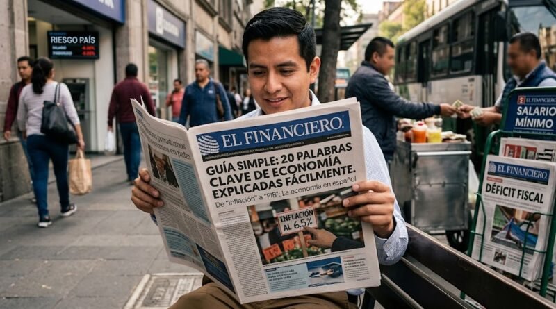 Un plano medio periodístico de un hombre leyendo un periódico con el titular "GUÍA SIMPLE: 20 PALABRAS CLAVE DE ECONOMÍA EXPLICADAS FÁCILMENTE." en una calle concurrida de la Ciudad de México, con un quiosco de periódicos cercano que muestra titulares como "RIESGO PAÍS" y "SALARIO MÍNIMO." La escena es dinámica, con peatones, tráfico y puestos de comida borrosos que capturan la vida urbana y la economía cotidiana.