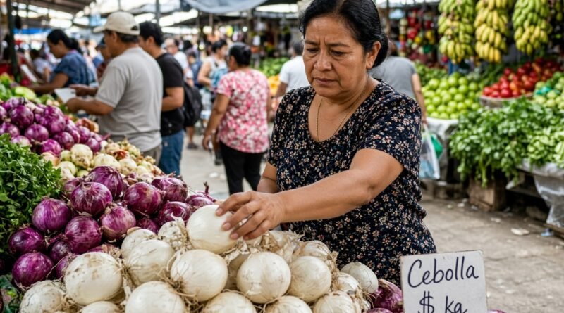 Mujer en mercado mexicano examina cebollas con cartel de precio, expresión preocupada.