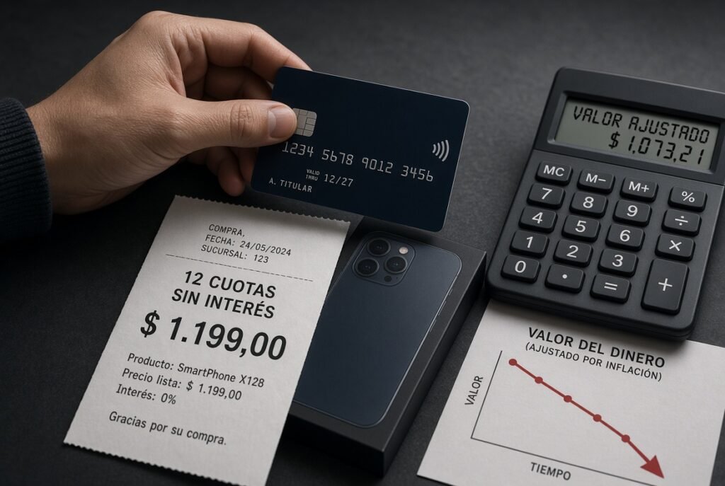 Foto realista de portada: mano con tarjeta de crédito sobre ticket de “12 cuotas sin interés”, smartphone y calculadora con valor ajustado por inflación. Composición horizontal, iluminación dramática, estilo profesional y fotorealista.