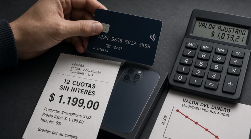 Foto realista de portada: mano con tarjeta de crédito sobre ticket de “12 cuotas sin interés”, smartphone y calculadora con valor ajustado por inflación. Composición horizontal, iluminación dramática, estilo profesional y fotorealista.