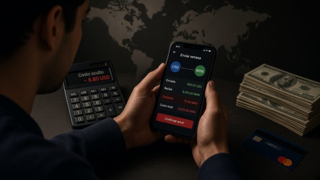Foto realista de portada: hombre joven de medio cuerpo mirando un smartphone con app de remesa, calculadora mostrando “costo oculto”, billetes de dólar y tarjeta. Fondo con mapa mundial, iluminación dramática y estilo profesional horizontal.