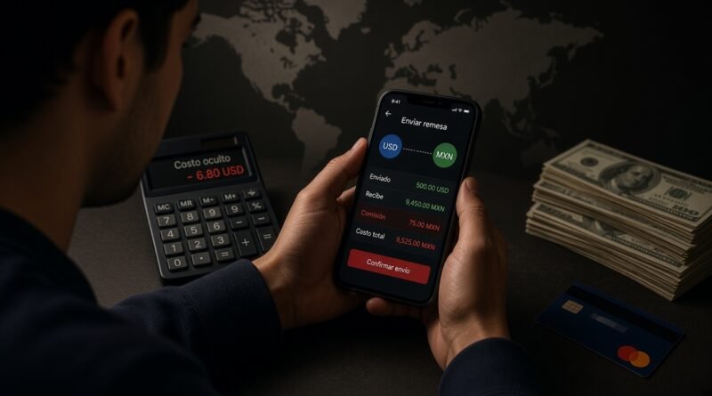 Foto realista de portada: hombre joven de medio cuerpo mirando un smartphone con app de remesa, calculadora mostrando “costo oculto”, billetes de dólar y tarjeta. Fondo con mapa mundial, iluminación dramática y estilo profesional horizontal.