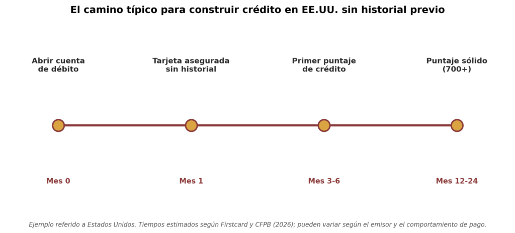 Línea de tiempo que muestra las cuatro etapas para construir crédito en Estados Unidos sin historial previo: abrir cuenta de débito, obtener una tarjeta asegurada, alcanzar el primer puntaje de crédito entre los 3 y 6 meses, y llegar a un puntaje sólido de 700 o más entre los 12 y 24 meses.