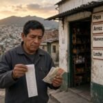 Hombre colombiano preocupado revisa recibo y billetes frente a tienda de barrio con precios de alimentos al atardecer en Bogotá.