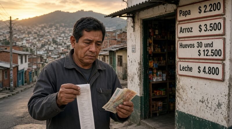 Hombre colombiano preocupado revisa recibo y billetes frente a tienda de barrio con precios de alimentos al atardecer en Bogotá.