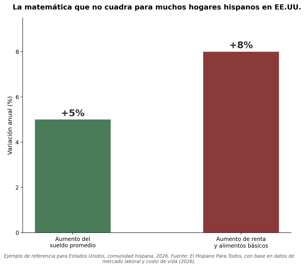 Gráfico de barras que compara el aumento del sueldo promedio (+5%) frente al aumento de la renta y los alimentos básicos (+8%) para hogares hispanos en Estados Unidos en 2026, mostrando la brecha que dificulta el ahorro para compras grandes.