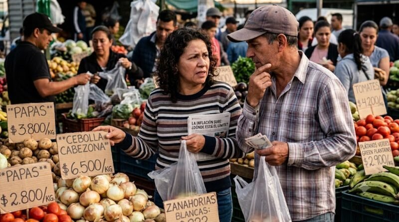 pareja revisa los precios de un mercado de frutas y vegetales mientras dudan sobre lo costoso que están los artículos.
