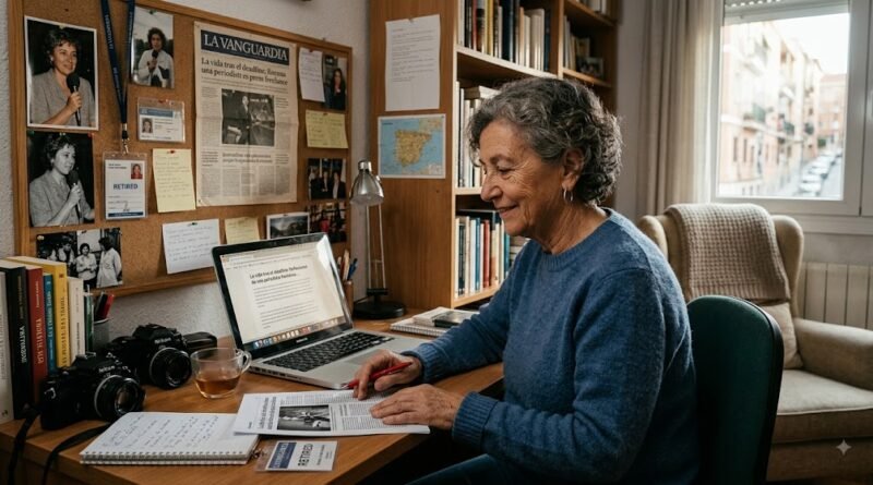 Fotografía periodística realista de una mujer mayor, ex periodista freelance, sonriendo en su oficina en casa, rodeada de recuerdos de su carrera como recortes de "La Vanguardia" y un carné de prensa "Retired".