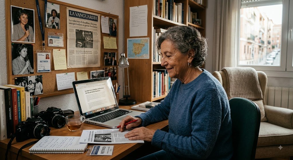 Fotografía periodística realista de una mujer mayor, ex periodista freelance, sonriendo en su oficina en casa, rodeada de recuerdos de su carrera como recortes de "La Vanguardia" y un carné de prensa "Retired".