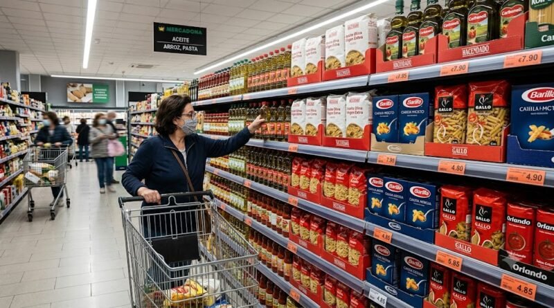 Una foto de estilo documental ambientada en un bullicioso supermercado Mercadona en España. Se centra en una mujer con mascarilla que selecciona productos de los estantes. Destaca el claro contraste entre los artículos de marca propia de Mercadona y las marcas líderes.