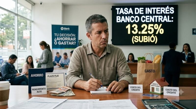 Una fotografía realista y periodística de un hombre pensativo en un banco, rodeado de objetos que representan ahorro (un fajo de billetes, una libreta, un letrero de 'RENDIMIENTO ALTO') y gasto (una bolsa de compras, una casa modelo, un letrero de 'COSTO DEL CRÉDITO'). De fondo, una gran pantalla digital muestra prominentemente "TASA DE INTERÉS BANCO CENTRAL: 13.25% (SUBIÓ)".